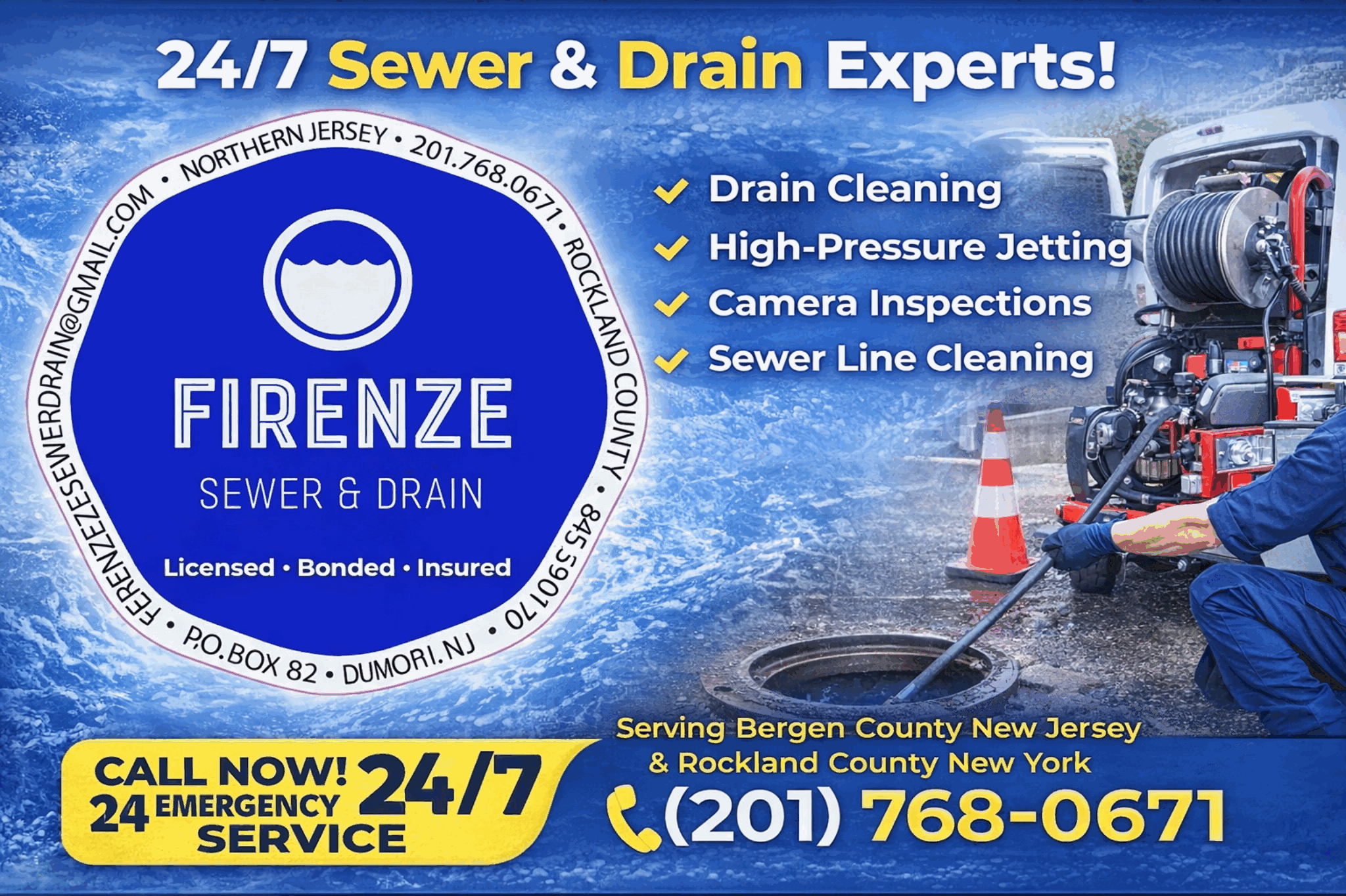 Social media ad example for Firenze Sewer & Drain promoting drain cleaning and sewer services.