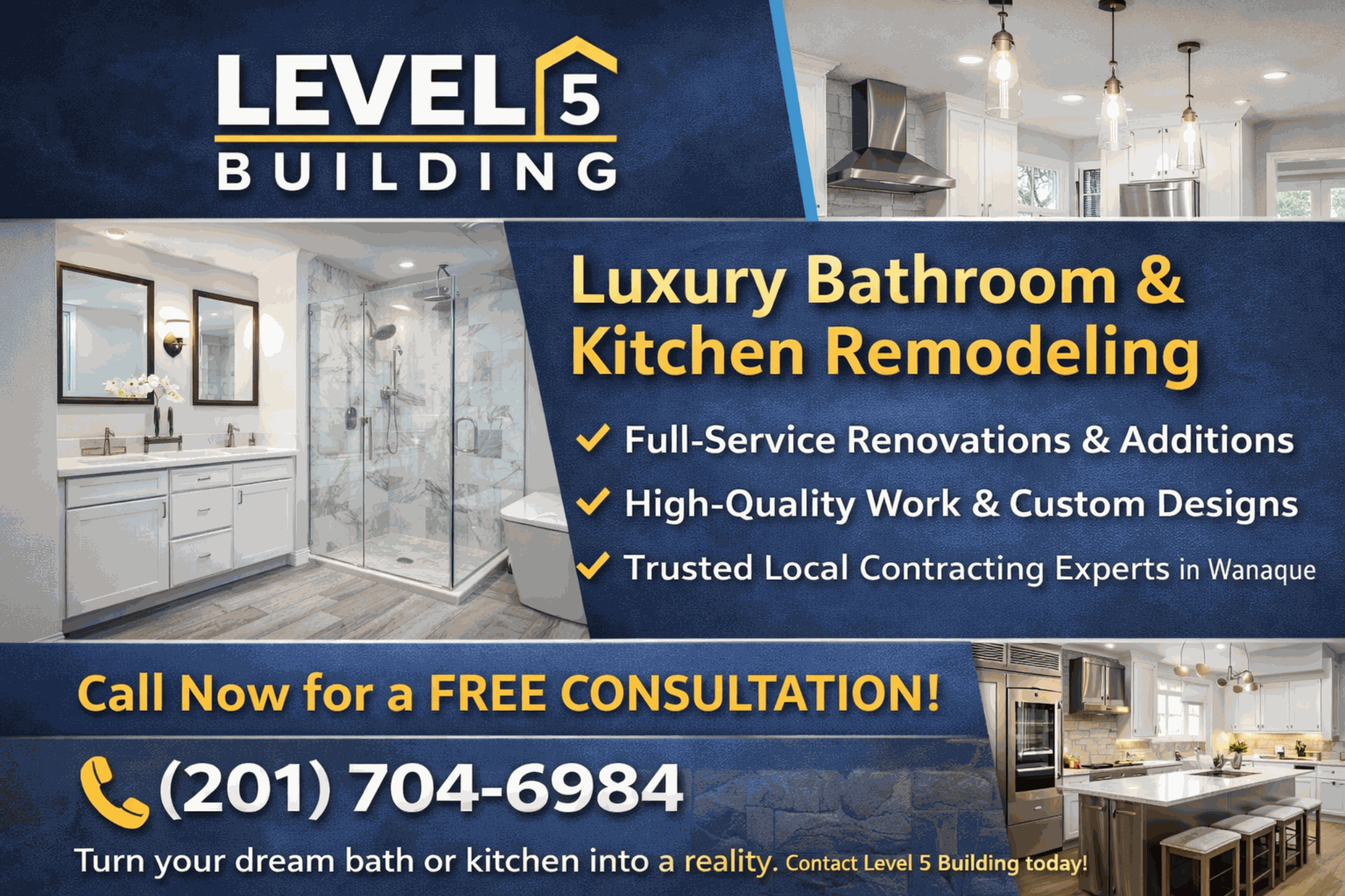 Social media ad example for Level 5 Building promoting bathroom and kitchen remodeling.