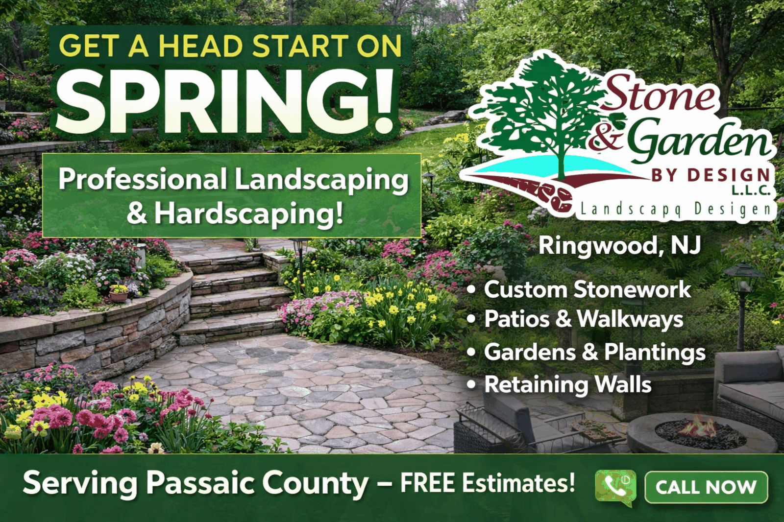 Social media ad example for Stone & Garden by Design promoting spring landscaping and hardscaping services.