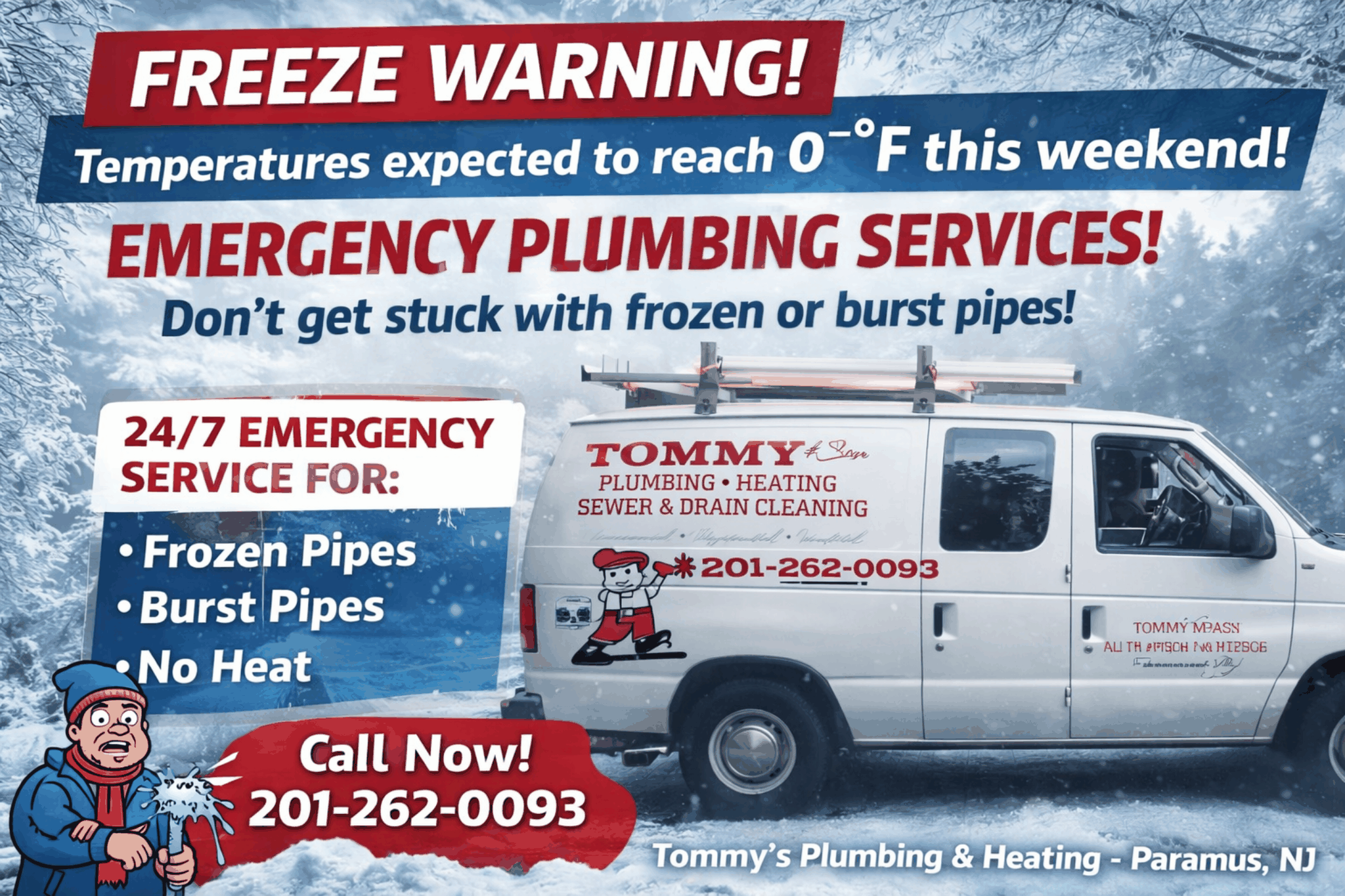 Social media ad example for Tommy’s Plumbing & Heating advertising emergency plumbing services.